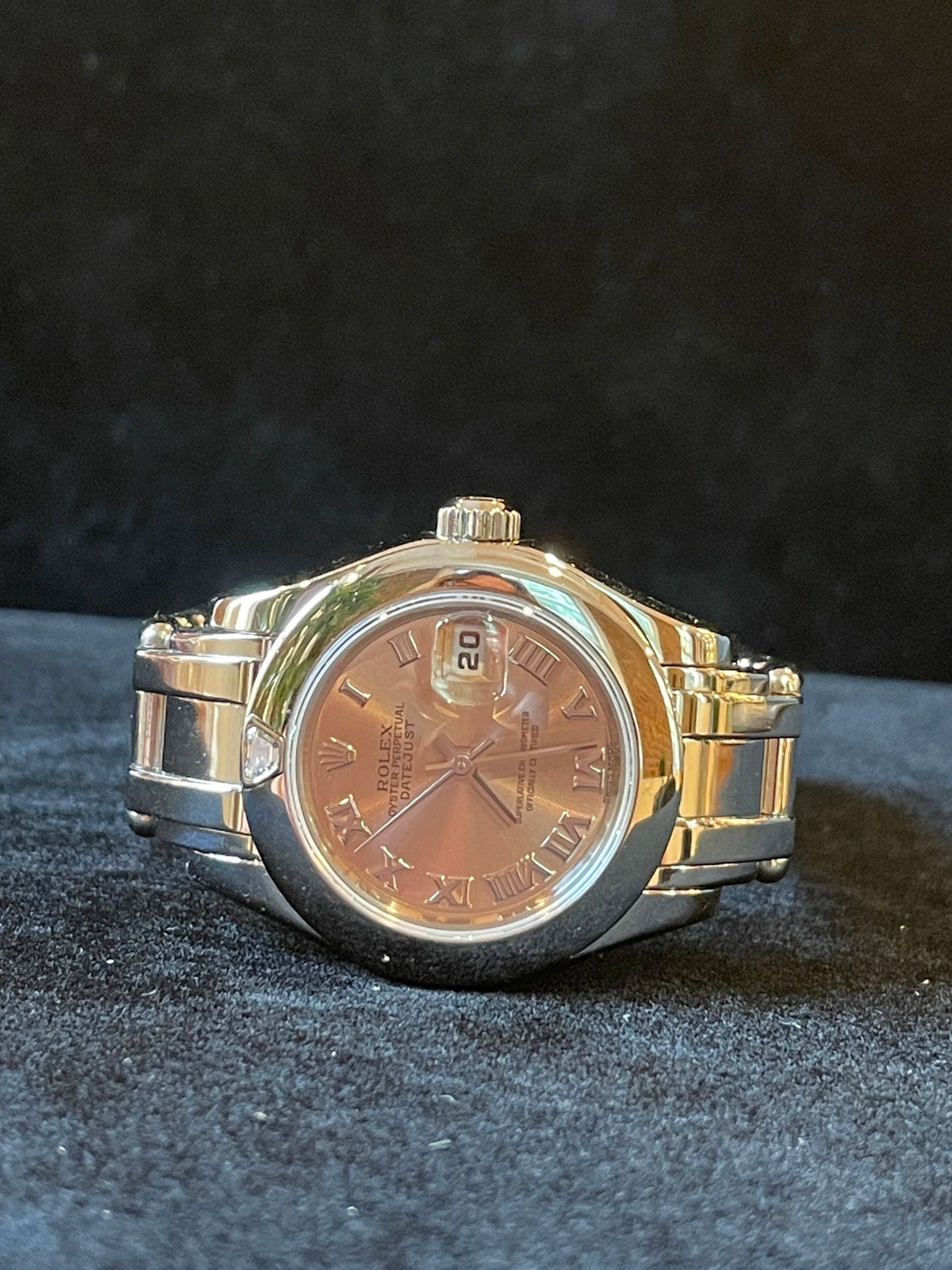 1995 Rolex Ladies Pearlmaster 69329 Pink Roman Dial Diamond Bezel 18kt WG 29mm