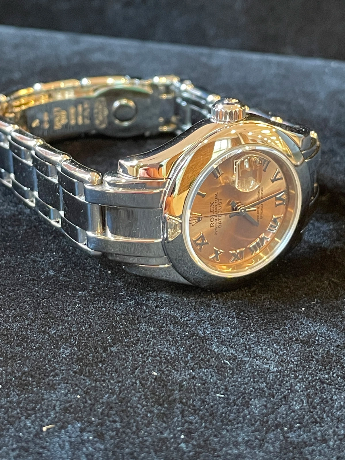 1995 Rolex Ladies Pearlmaster 69329 Pink Roman Dial Diamond Bezel 18kt WG 29mm