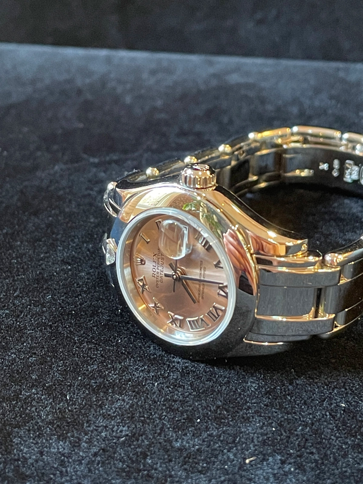 1995 Rolex Ladies Pearlmaster 69329 Pink Roman Dial Diamond Bezel 18kt WG 29mm