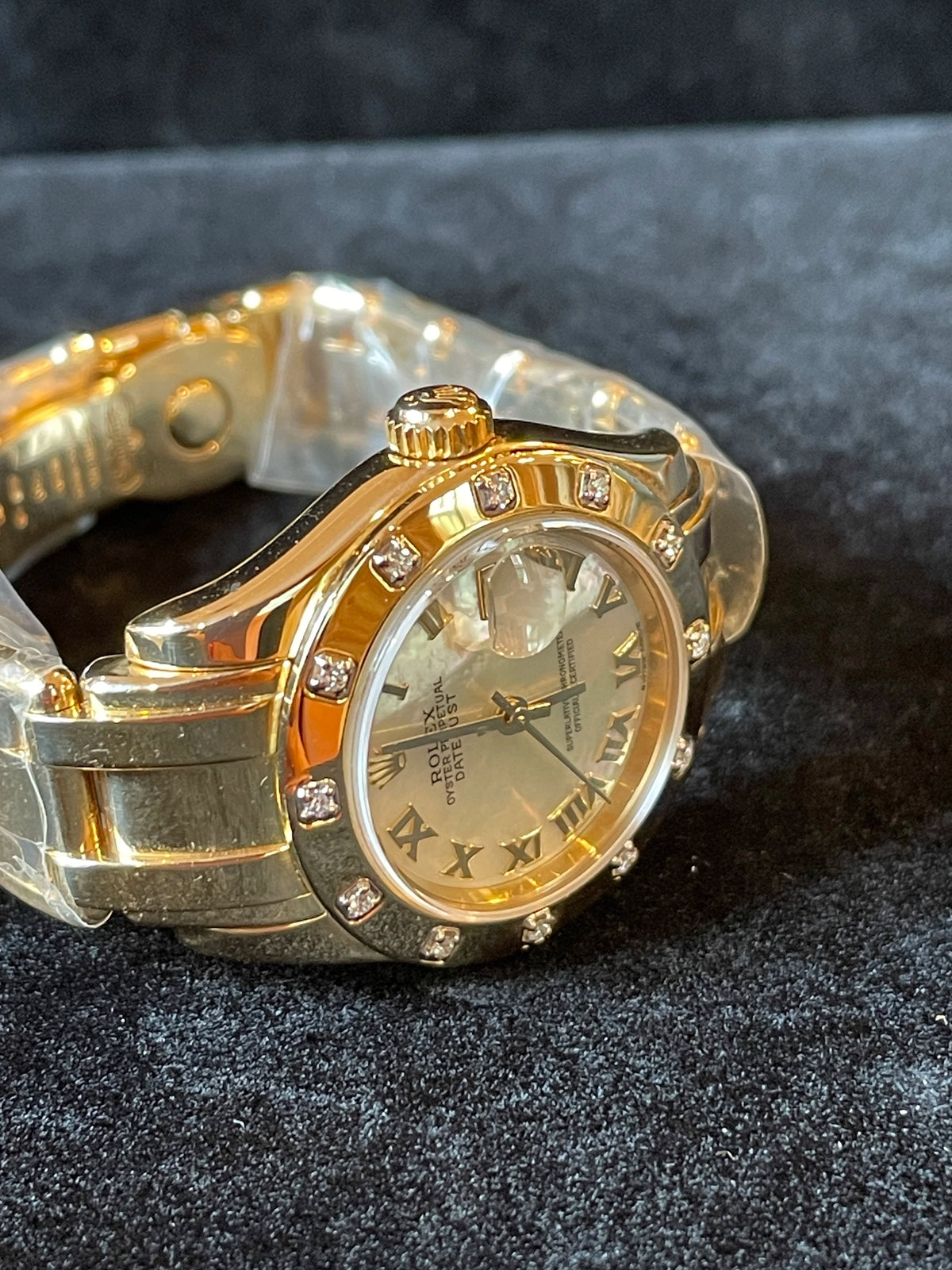 2004 Rolex Pearlmaster 80318 White MOP Roman Dial 18kt YG With Papers 29mm