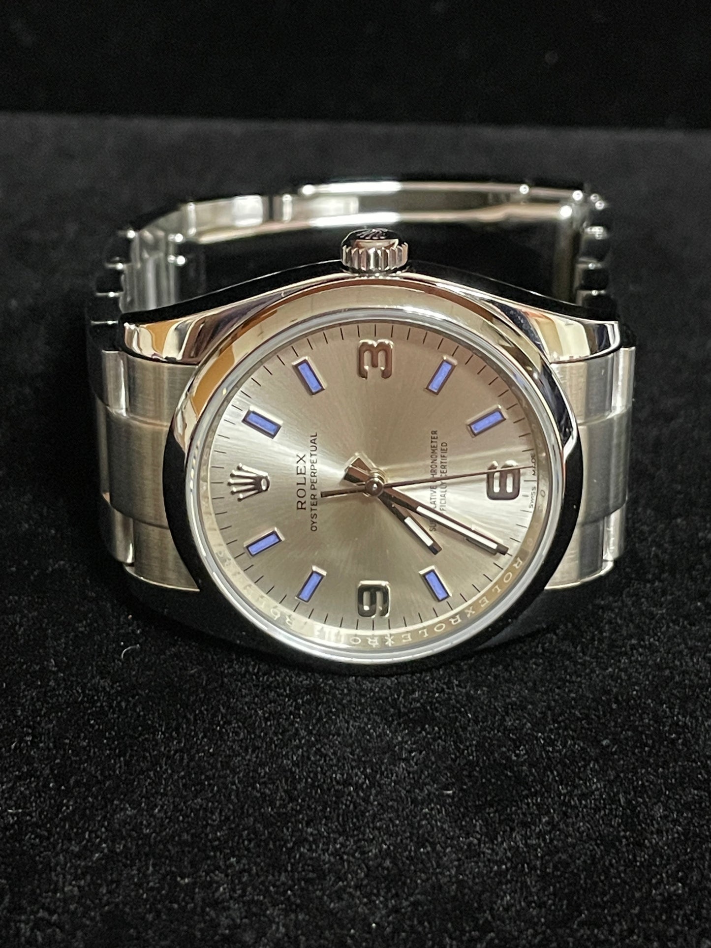 2015 Rolex Oyster Perpetual 114200 Silver Blue Dial SS Oyster With Papers 34mm