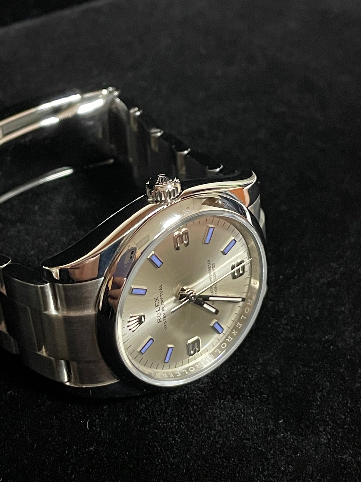 2015 Rolex Oyster Perpetual 114200 Silver Blue Dial SS Oyster With Papers 34mm