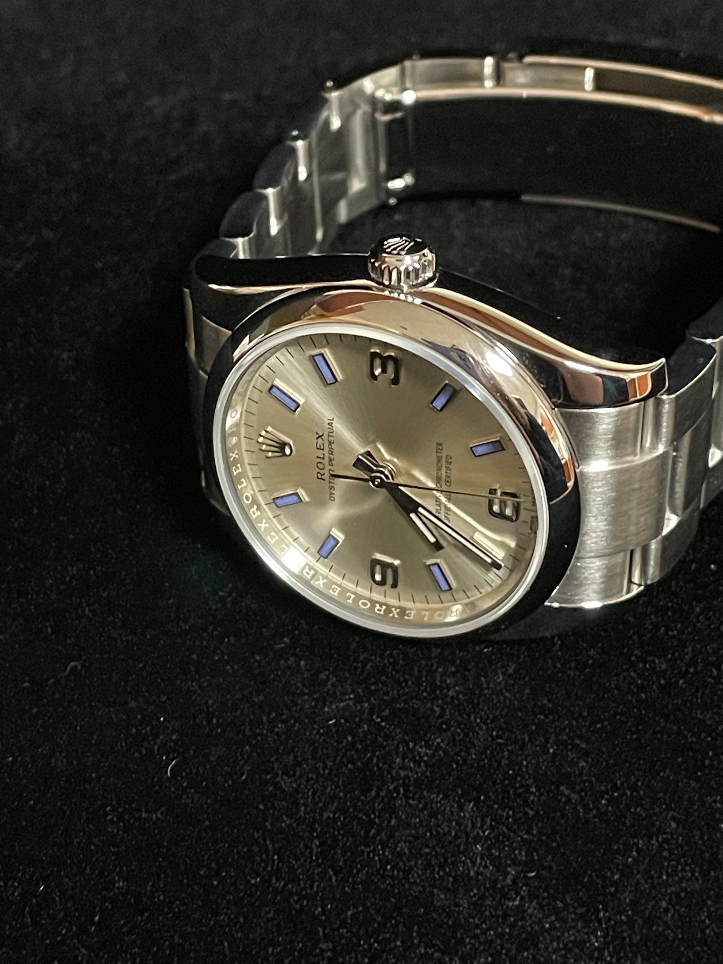 2015 Rolex Oyster Perpetual 114200 Silver Blue Dial SS Oyster With Papers 34mm