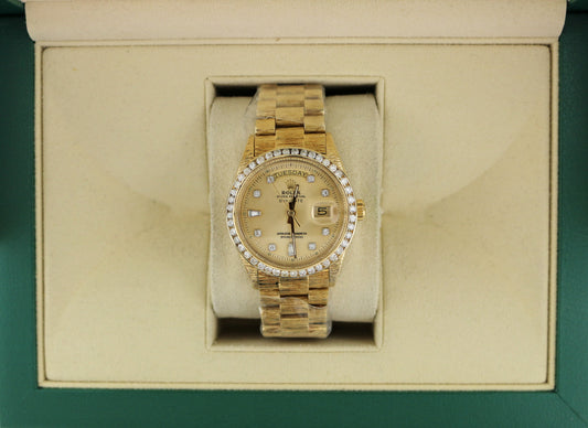 1970 Rolex Day-Date 1807 Champ Diamond Dial + Bezel YG 18kt Bark President 36mm