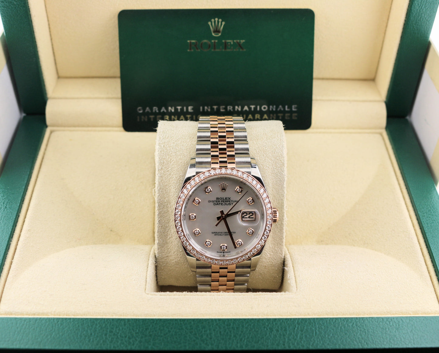 OHA 2023 Rolex Datejust 126281RBR White MOP Diam Dial + Bezel TT Jubilee Papers 36mm