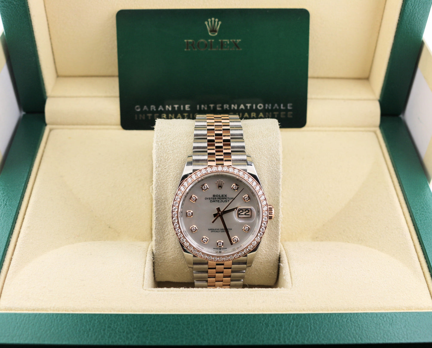 2023 Rolex Datejust 126281RBR White MOP Diam Dial + Bezel TT Jubilee Papers 36mm