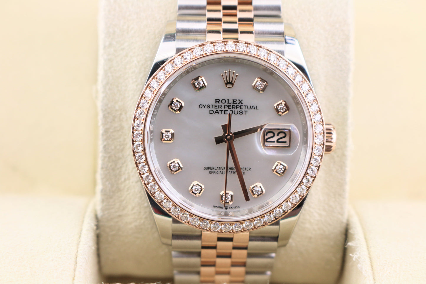 2023 Rolex Datejust 126281RBR White MOP Diam Dial + Bezel TT Jubilee Papers 36mm