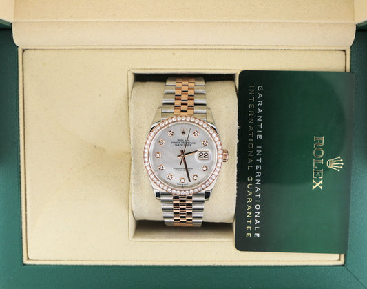 2023 Rolex Datejust 126281RBR White MOP Diam Dial + Bezel TT Jubilee Papers 36mm