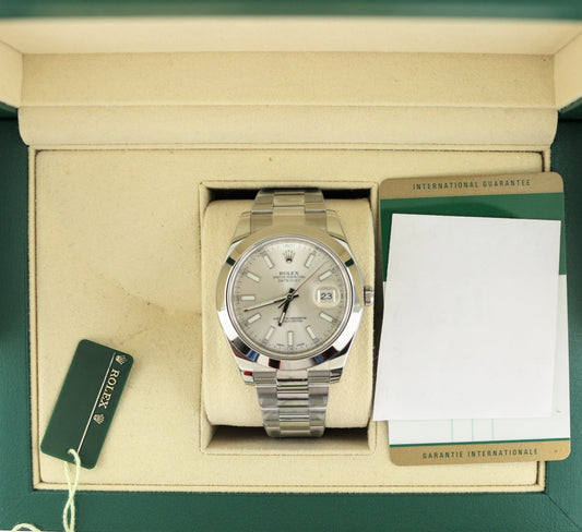 OHA 2015 Rolex Datejust 116300 Silver Stick Dial SS Oyster With Papers 41mm