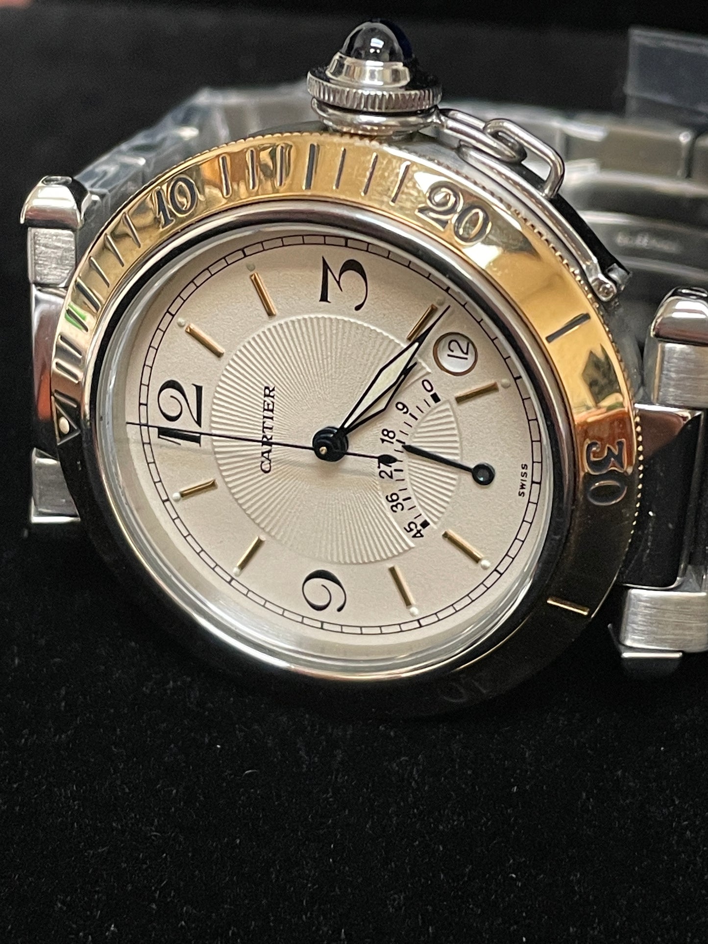 Cartier Pasha Power Reserve 1033 White Dial YG 18kt Bezel SS Watch Only 38mm