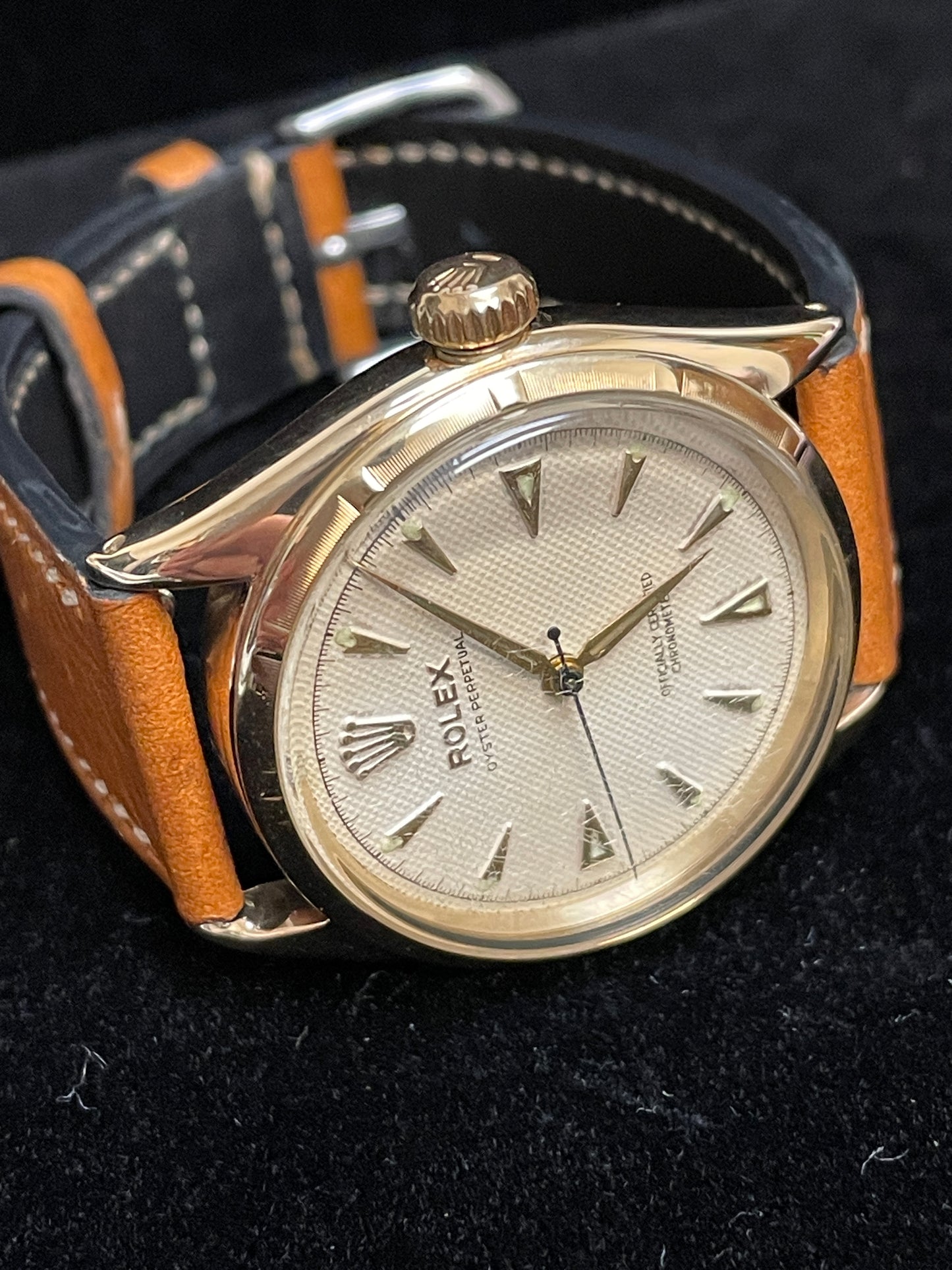 1963 Rolex Oyster Perpetual 14k 6285 Honeycomb Dial Leather Strap with Tags 34mm