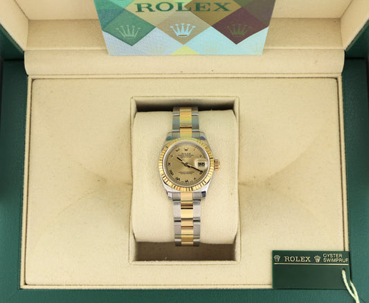 2010 Rolex Ladies Datejust 179173 Champagne Roman Dial TT Oyster W/ Papers 26mm