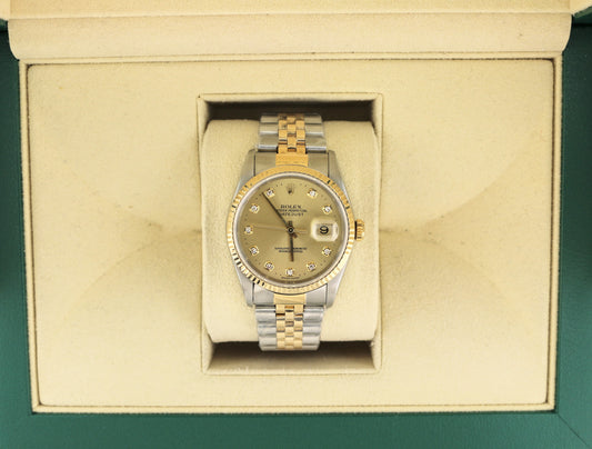 1996 Rolex Datejust 16233 Champagne Diamond Dial No Holes TT 18kt Jubilee 36mm