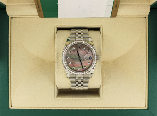 2017 Rolex Datejust 116244 Black MOP Diamond + Bezel SS Jubilee With Papers 36mm