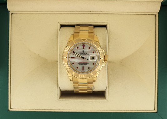 2008 Rolex Yacht-Master 16628 White MOP Ruby Dial Solid Gold 18kt Oyster 40mm