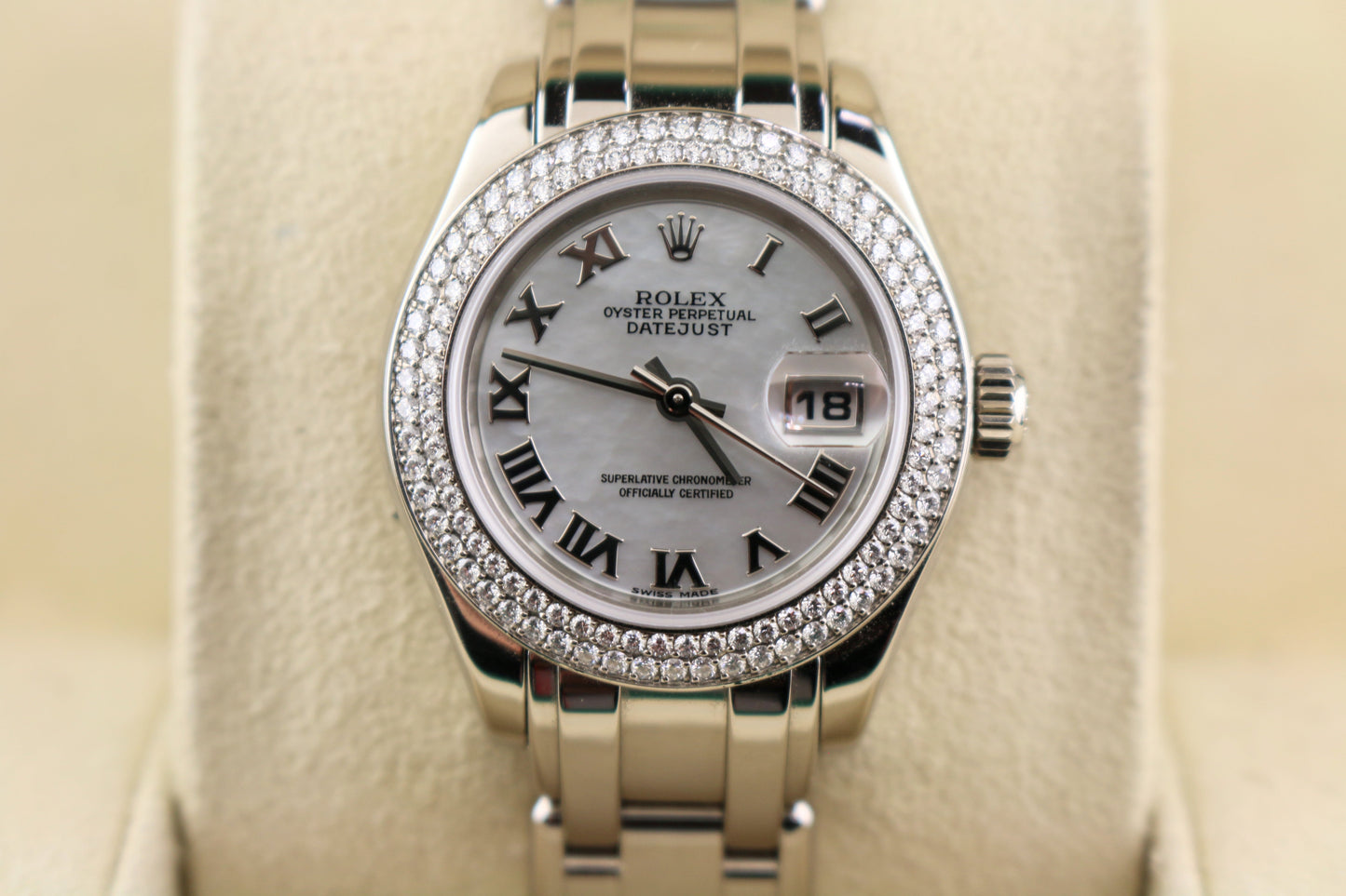 Rolex Datejust 80339 MOP Dial 2 Row Diam Bezel PearlMaster WG 18kt RSC 2022 29mm