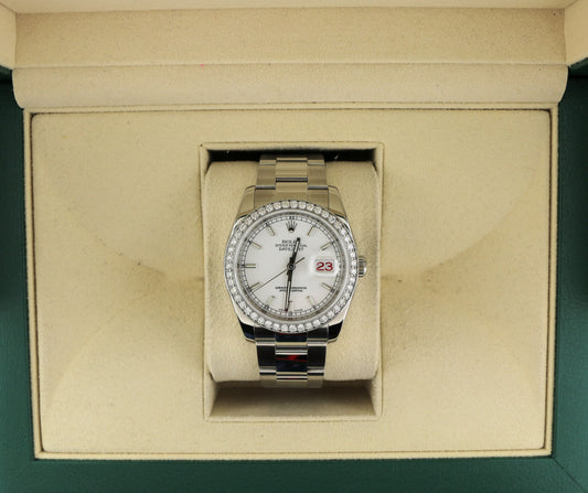 2009 Rolex Datejust 116200 White Dial Diamond Bezel Roulette SS Oyster 36mm