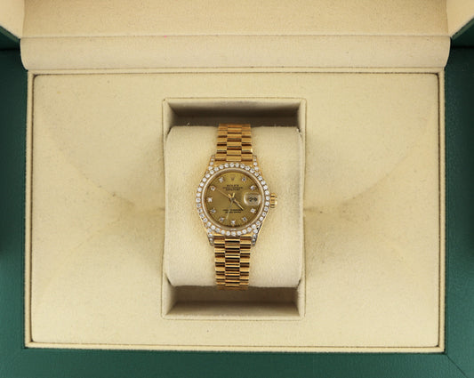 Rolex Ladies Datejust 69238 Champ Diamond Dial, Bezel lugs 18kt President 26mm