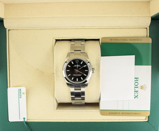 2019 Rolex Oyster Perpetual Midsize 177200 Black Dial SS Oyster With Papers 31mm