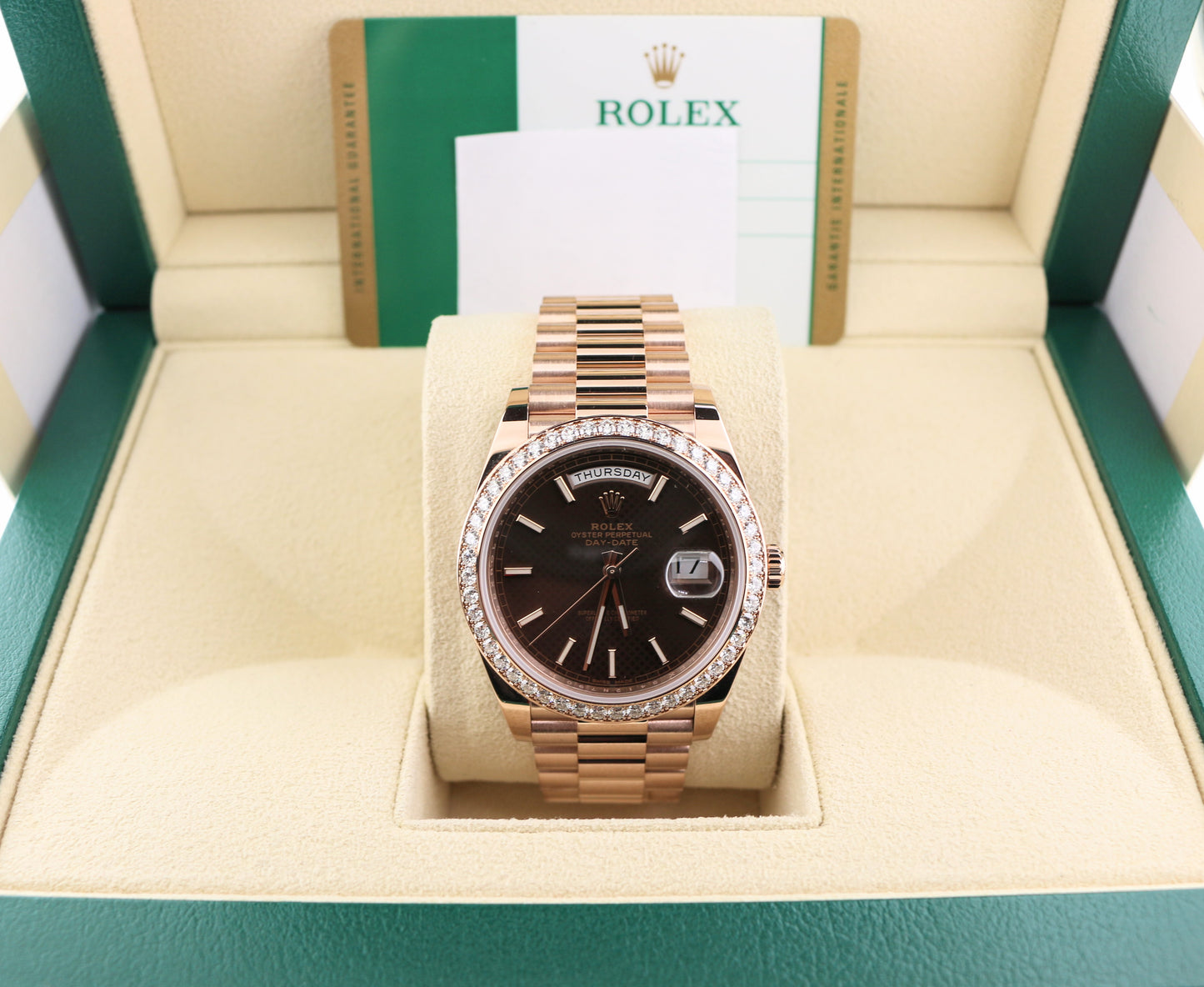 2018 Rolex Day-Date 228345RBR Chocolate Motif RG Diam Bezel President Paper 40mm