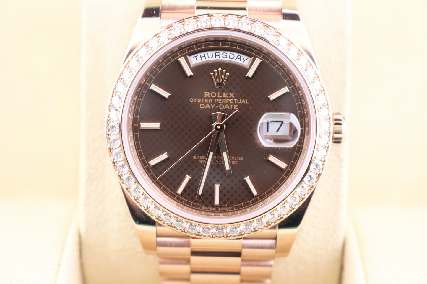 2018 Rolex Day-Date 228345RBR Chocolate Motif RG Diam Bezel President Paper 40mm