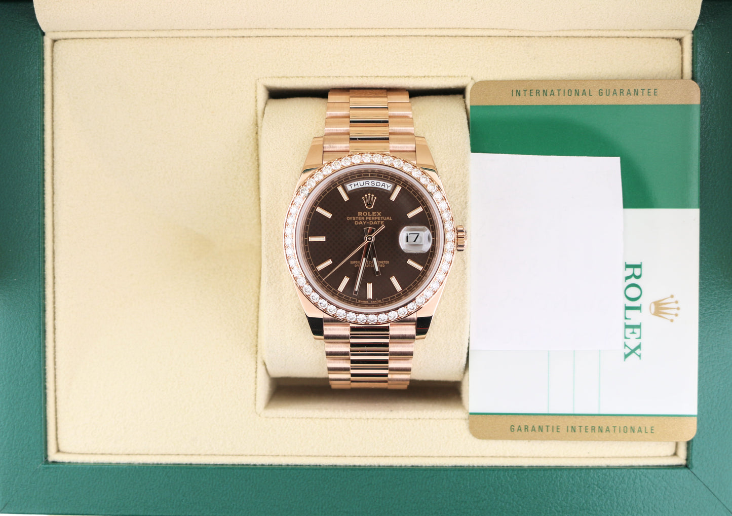 2018 Rolex Day-Date 228345RBR Chocolate Motif RG Diam Bezel President Paper 40mm