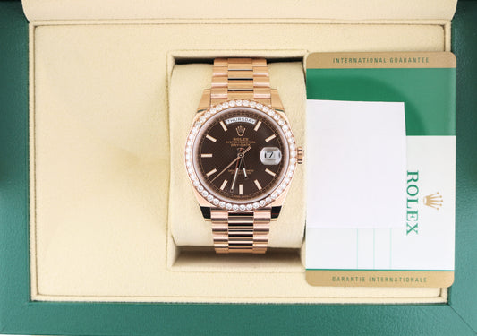 2018 Rolex Day-Date 228345RBR Chocolate Motif RG Diam Bezel President Paper 40mm