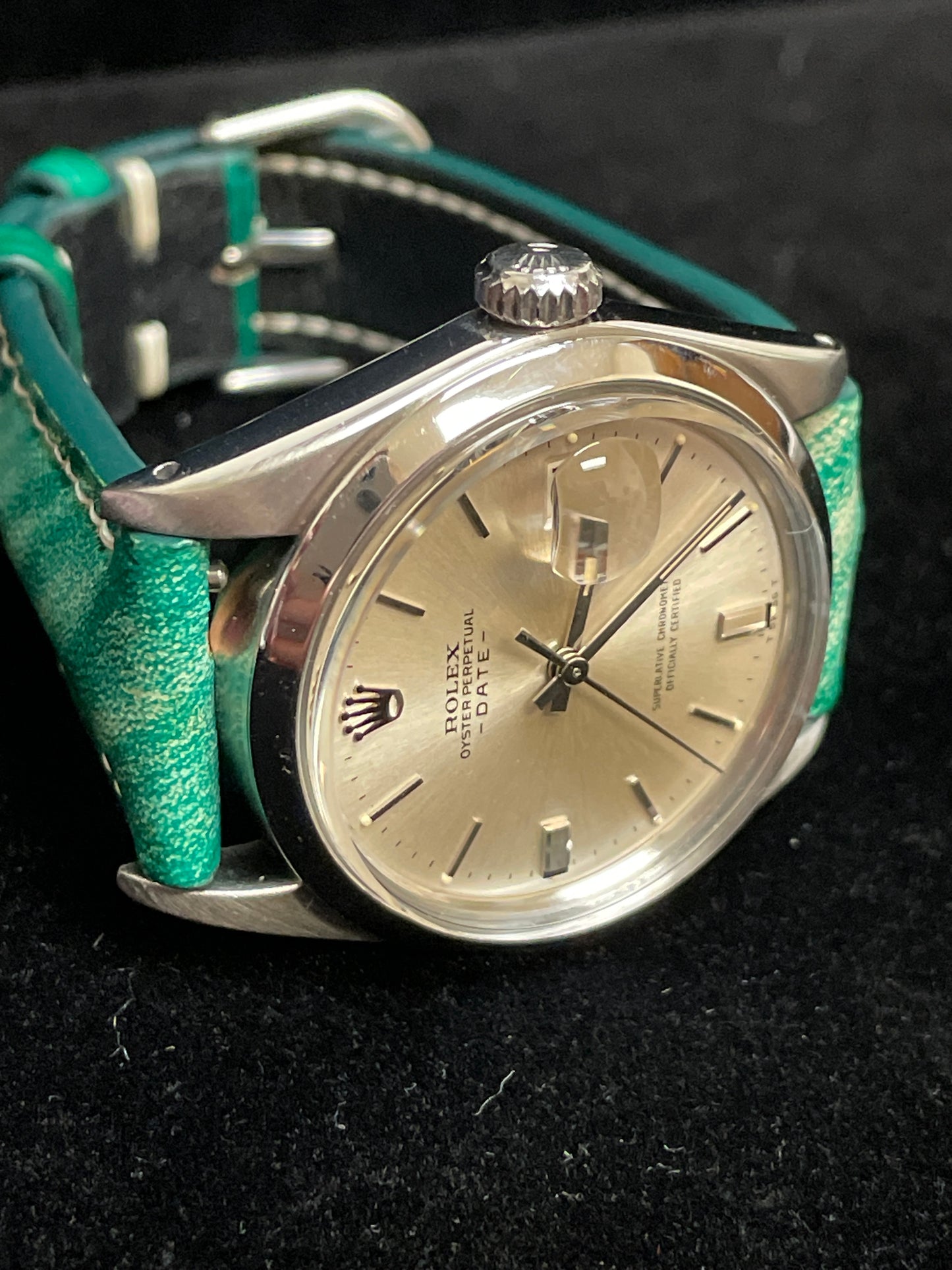 1963 Rolex Date 1500 Silver Dial Green Pattern Leather Strap No Papers 34mm