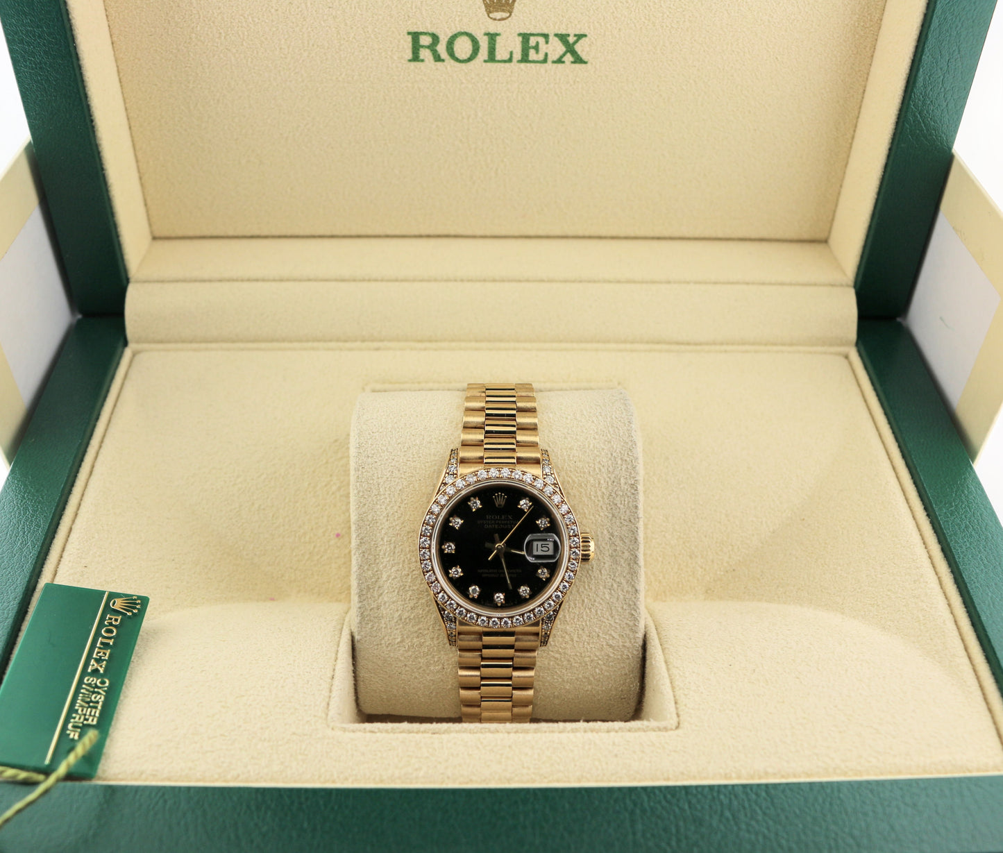 1990 Rolex Lady Datejust 69158 Black Diamond Dial Bezel and lugs President 26mm