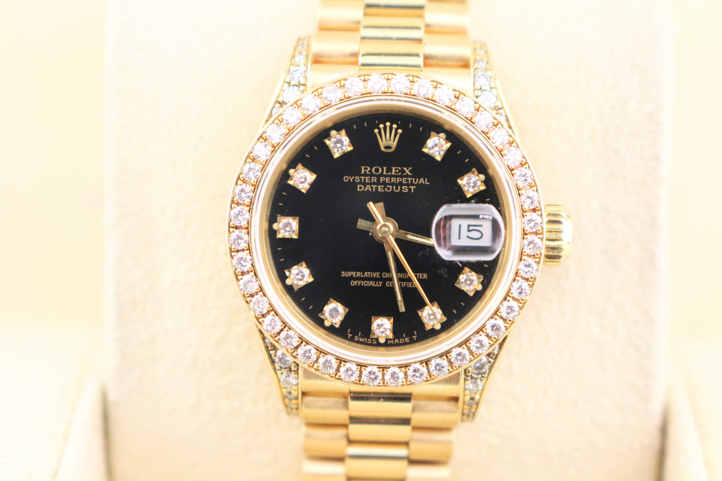 1990 Rolex Lady Datejust 69158 Black Diamond Dial Bezel and lugs President 26mm