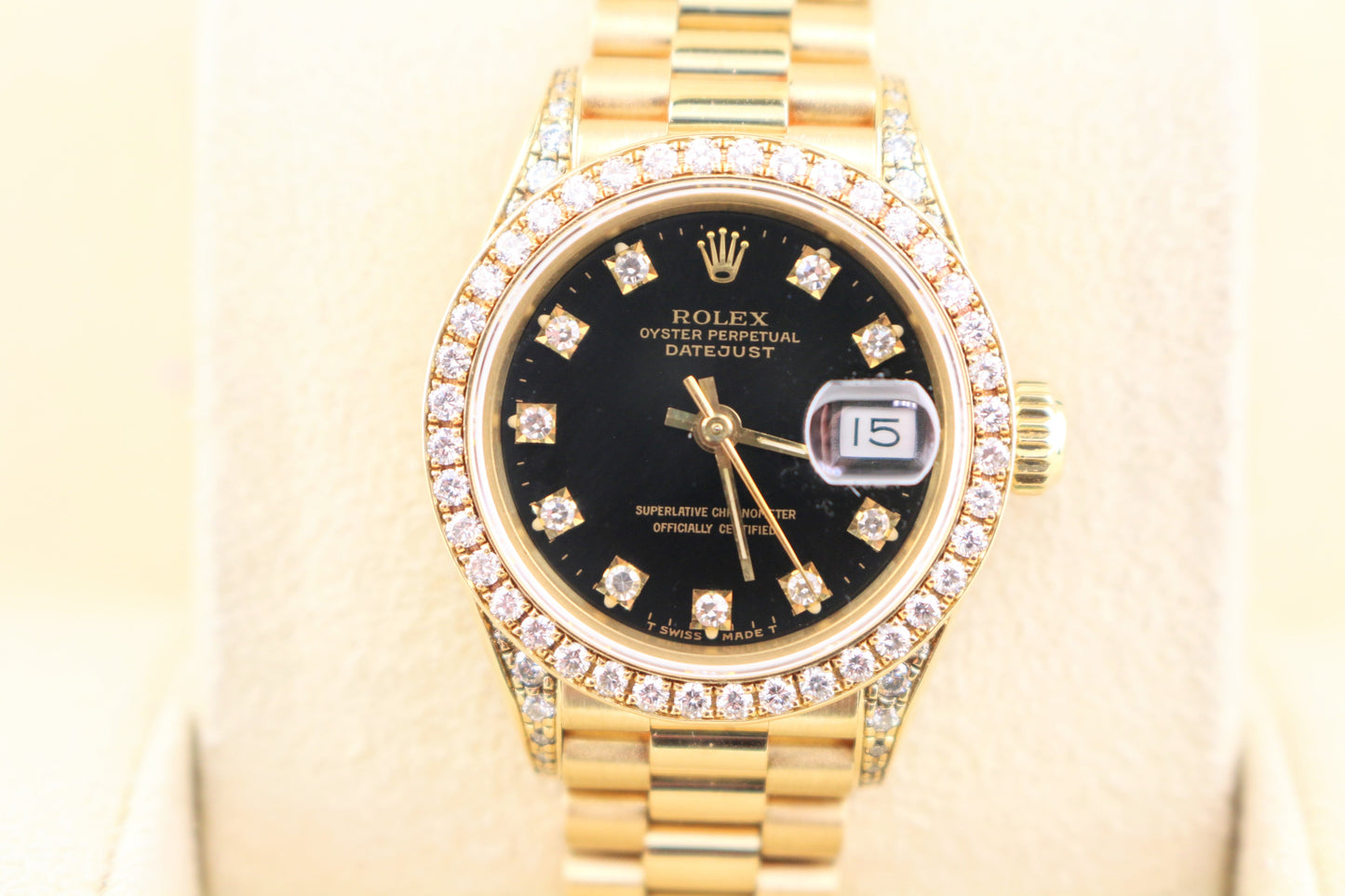 1990 Rolex Lady Datejust 69158 Black Diamond Dial Bezel and lugs President 26mm