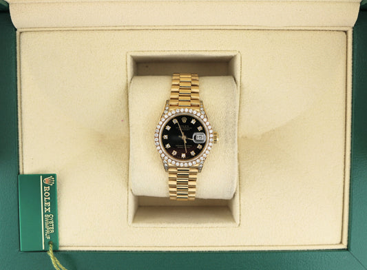 1990 Rolex Lady Datejust 69158 Black Diamond Dial Bezel and lugs President 26mm