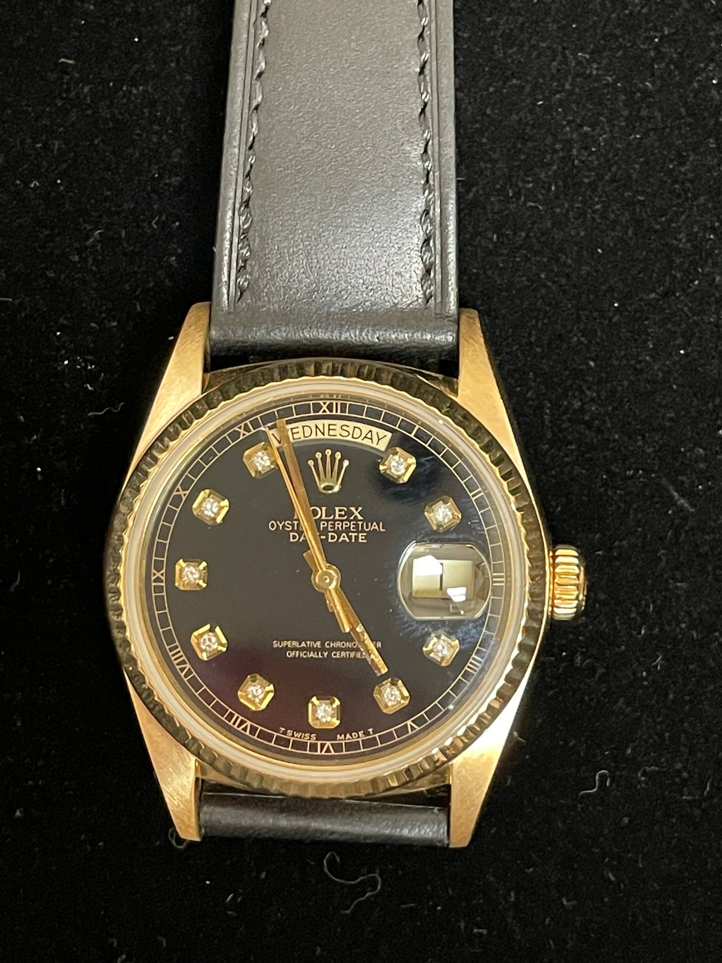 1987 Rolex Day-Date 18038 Black Diamond Black Leather Bracelet No Papers 36mm