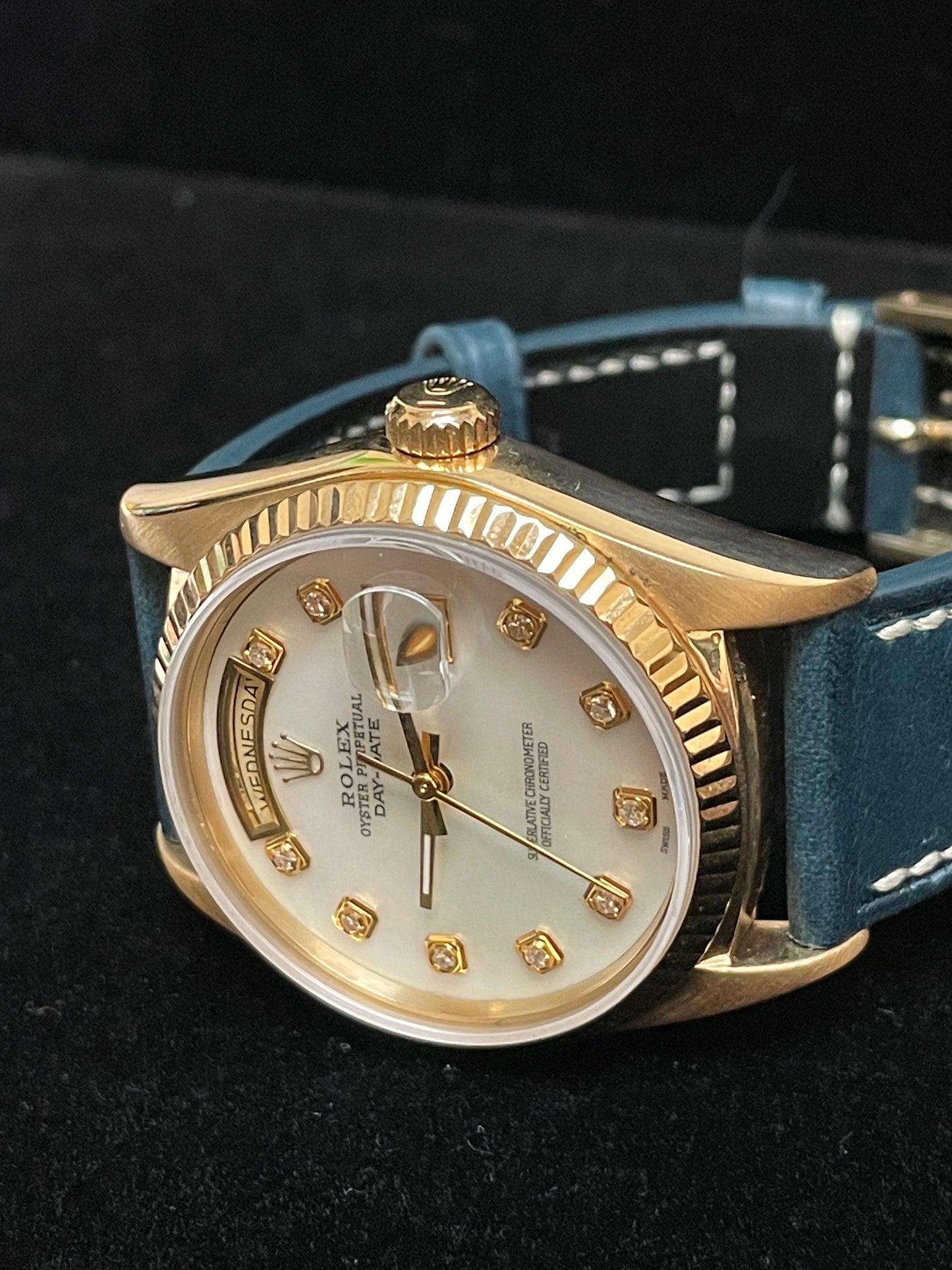 1985 Rolex Day-Date 18038 MOP Diamond Dial Blue Leather Bracelet No Papers 36mm