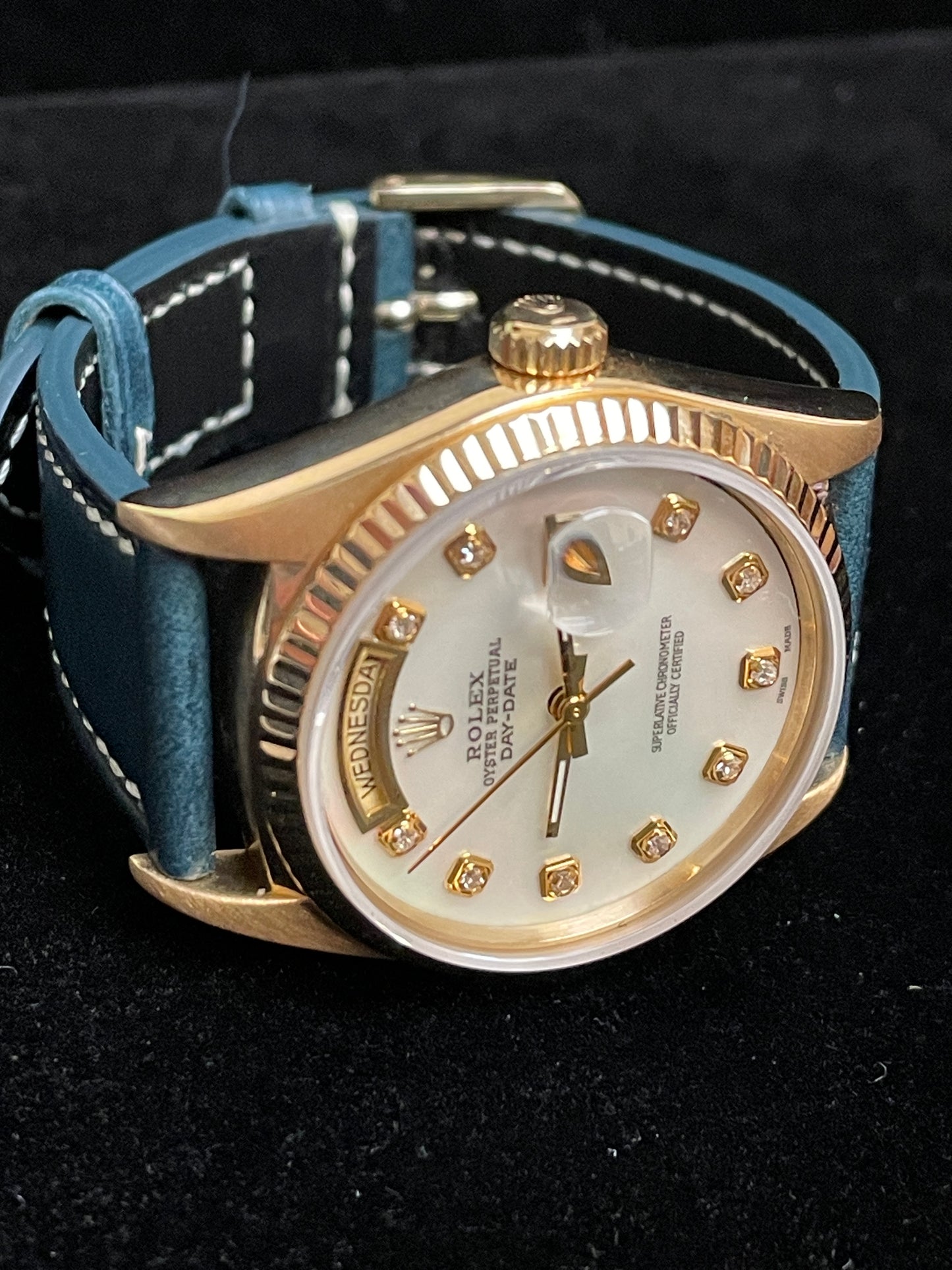1985 Rolex Day-Date 18038 MOP Diamond Dial Blue Leather Bracelet No Papers 36mm