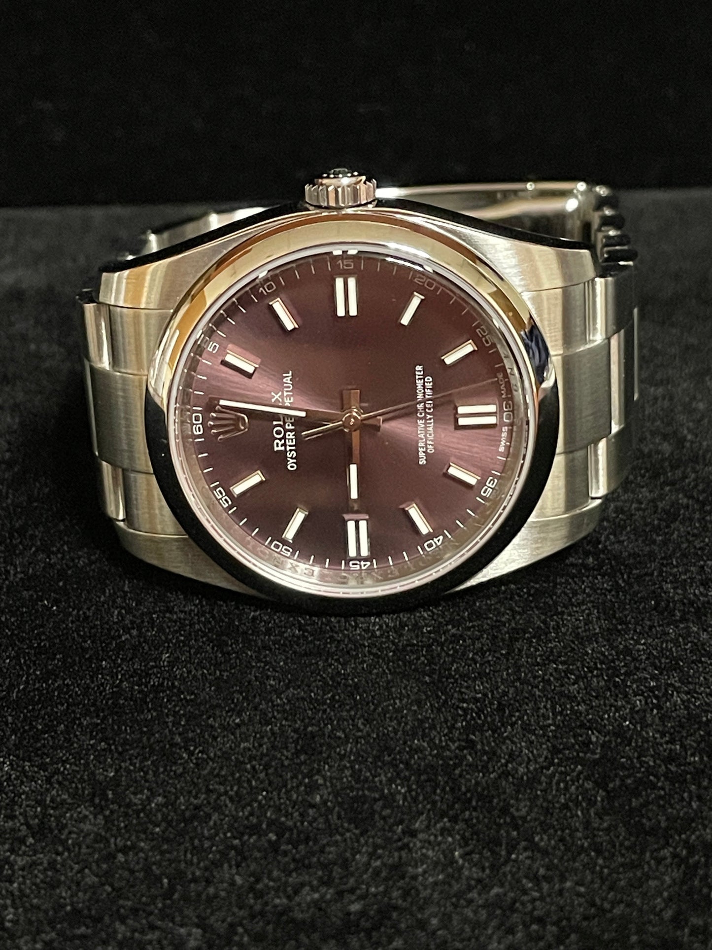 2015 Rolex Oyster Perpetual 116000 Red Grape Purple Dial SS Oyster Papers 36mm