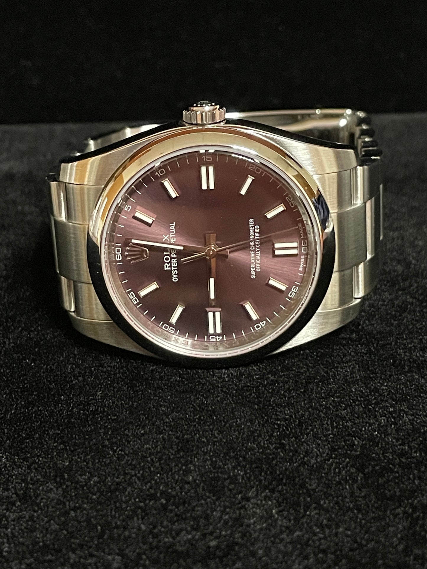 2015 Rolex Oyster Perpetual 116000 Red Grape Purple Dial SS Oyster Papers 36mm
