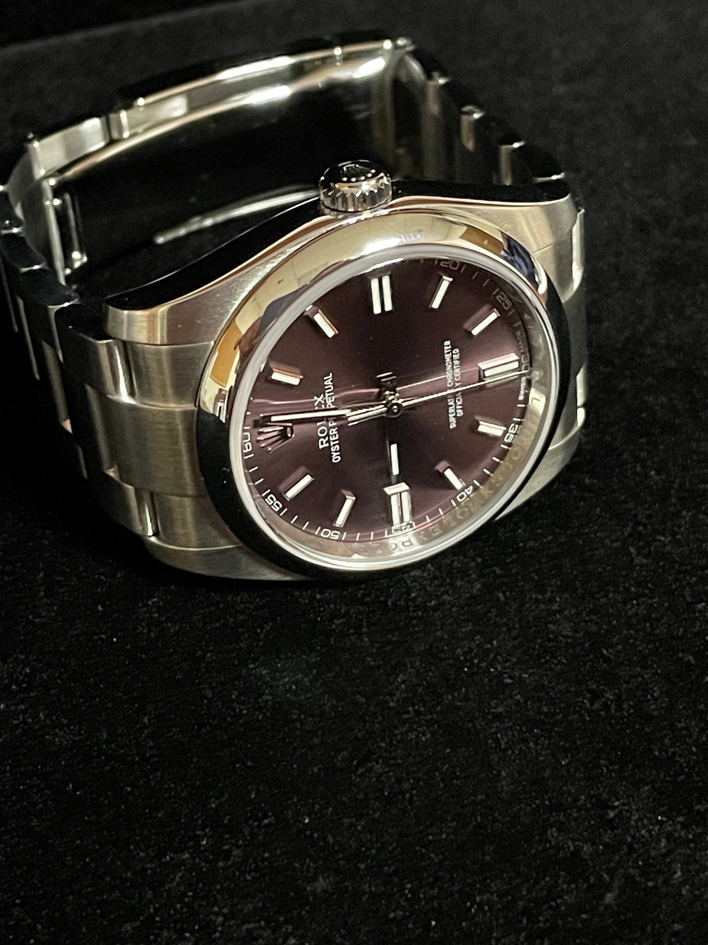 2015 Rolex Oyster Perpetual 116000 Red Grape Purple Dial SS Oyster Papers 36mm