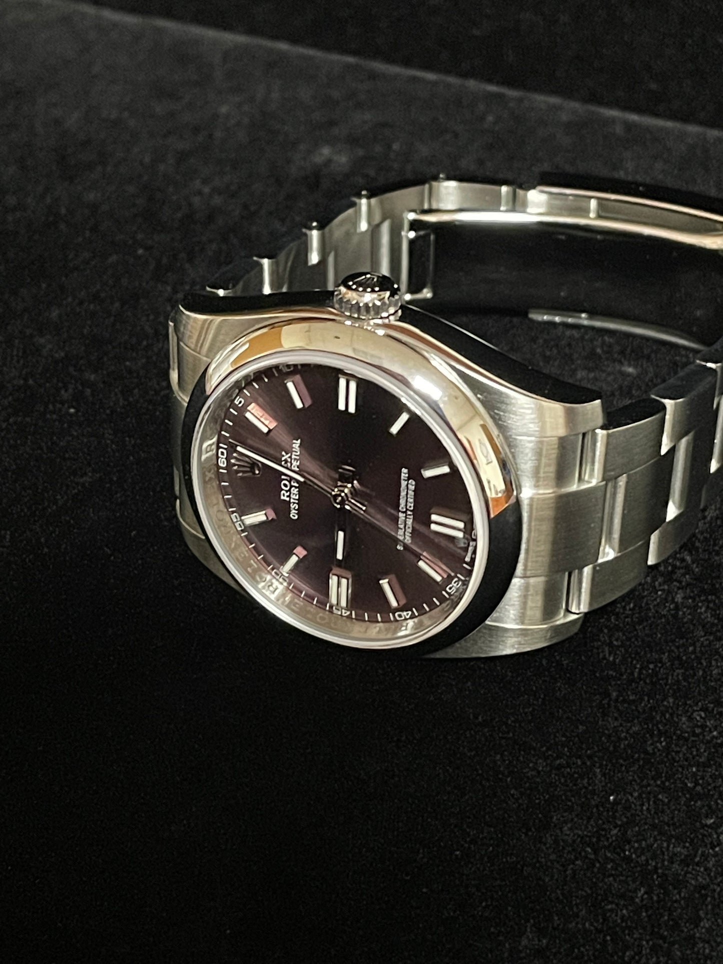 2015 Rolex Oyster Perpetual 116000 Red Grape Purple Dial SS Oyster Papers 36mm