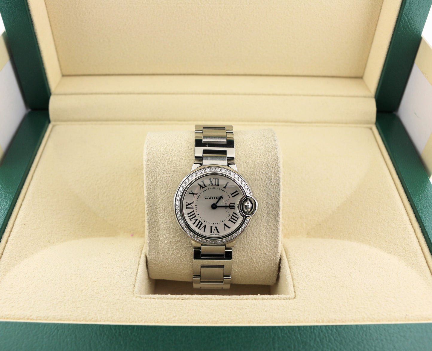 Cartier Ladies Ballon Bleu W4BB0015 White Roman Diamond Bezel SS Bracelet 28mm