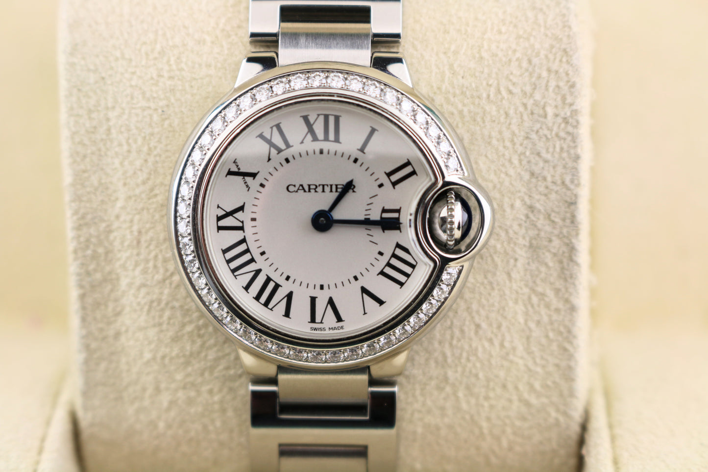 Cartier Ladies Ballon Bleu W4BB0015 White Roman Diamond Bezel SS Bracelet 28mm
