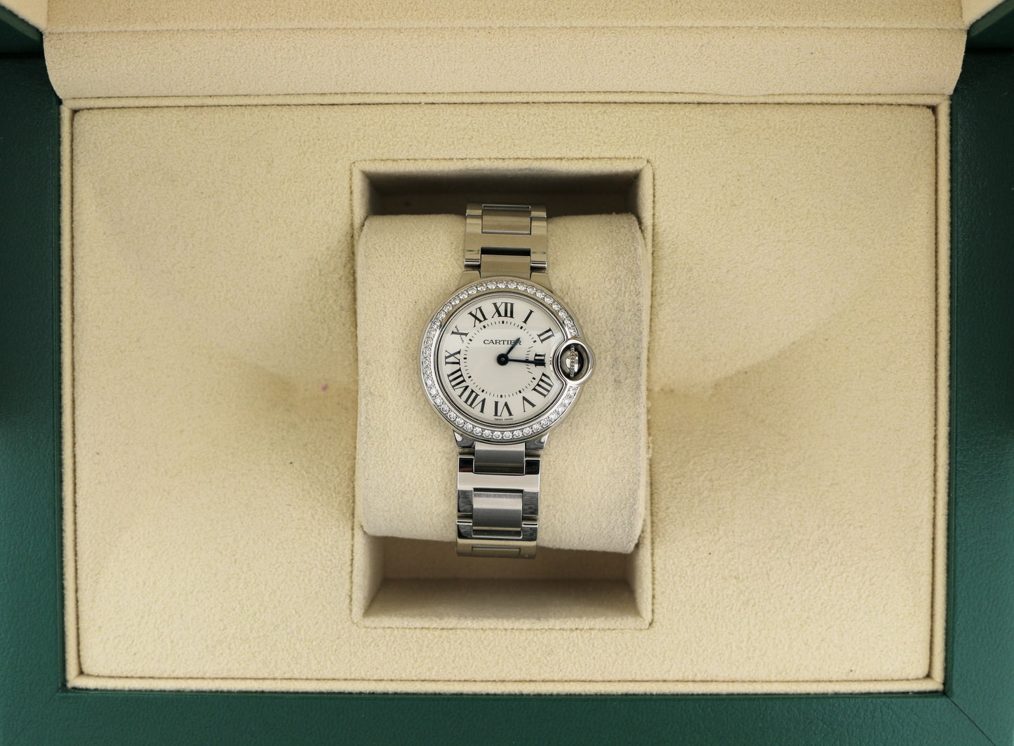Cartier Ladies Ballon Bleu W4BB0015 White Roman Diamond Bezel SS Bracelet 28mm
