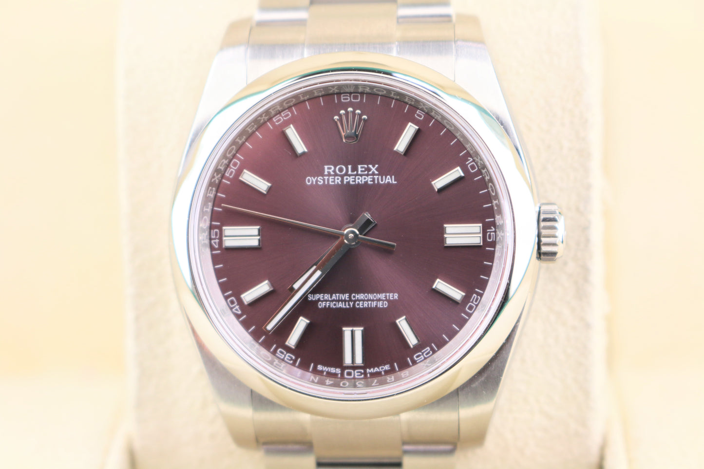 2017 Rolex Oyster Perpetual 116000 Red Grape Dial SS Oyster With Papers 36mm