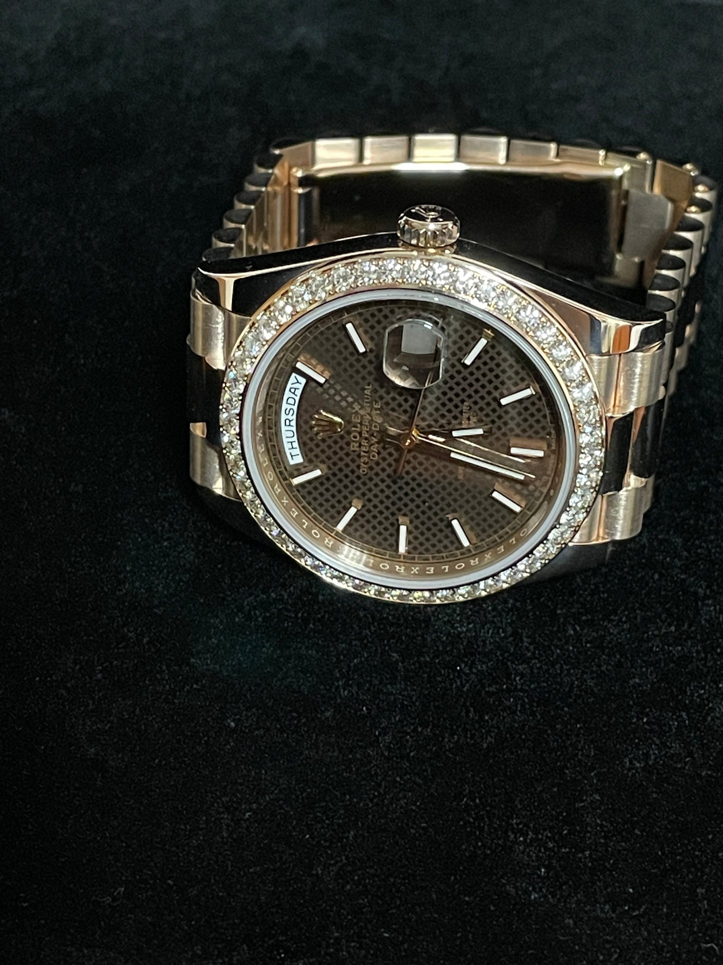 2018 Rolex Day-Date 228345RBR Chocolate Motif RG Diam Bezel President Paper 40mm