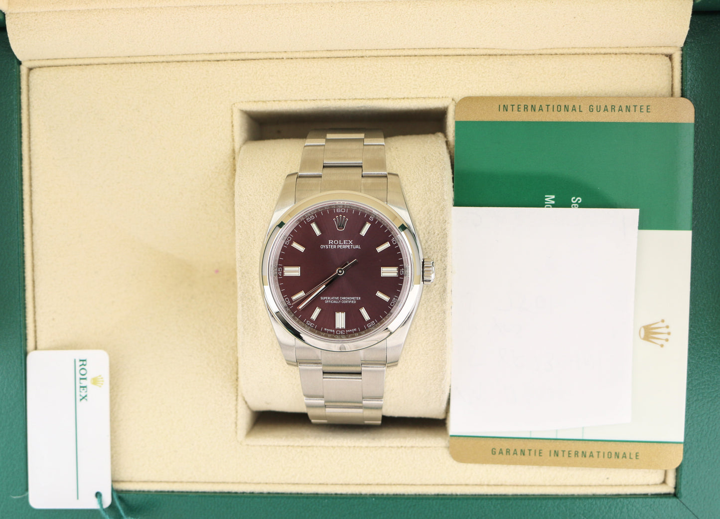2017 Rolex Oyster Perpetual 116000 Red Grape Dial SS Oyster With Papers 36mm