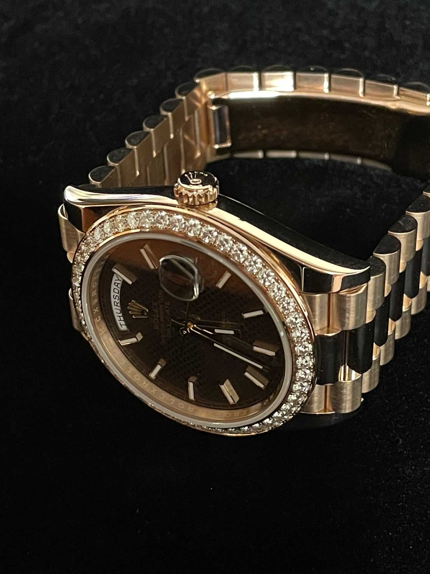 2018 Rolex Day-Date 228345RBR Chocolate Motif RG Diam Bezel President Paper 40mm