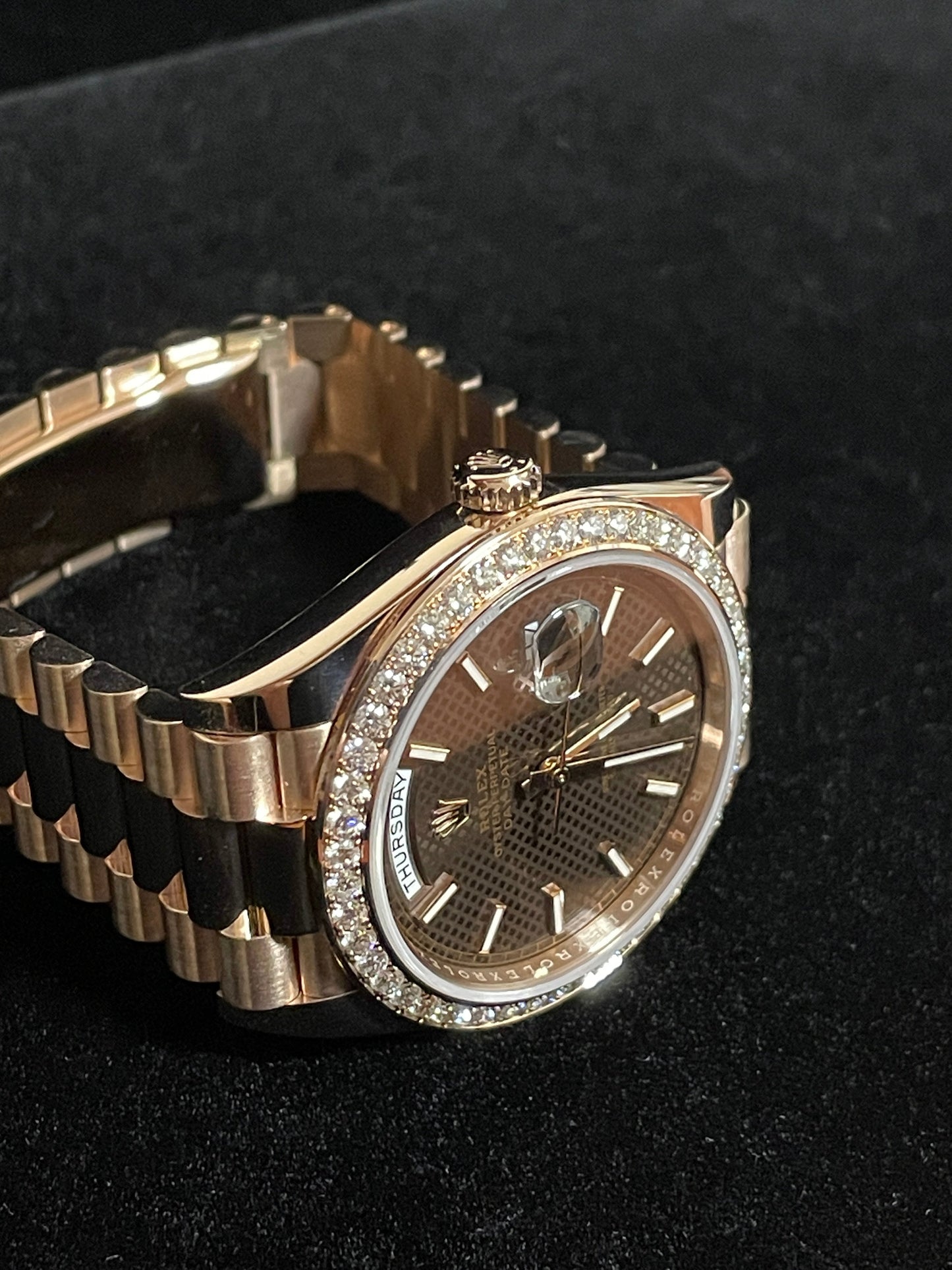 2018 Rolex Day-Date 228345RBR Chocolate Motif RG Diam Bezel President Paper 40mm