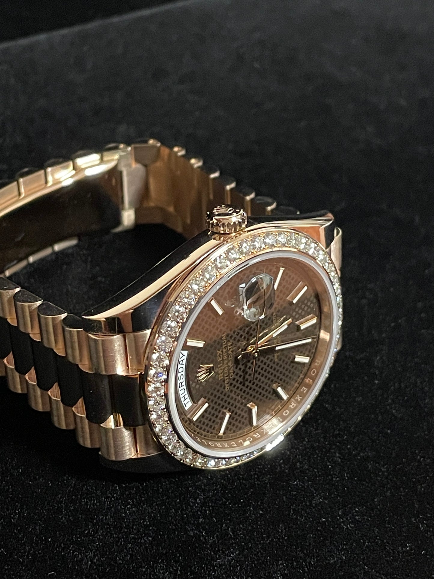 2018 Rolex Day-Date 228345RBR Chocolate Motif RG Diam Bezel President Paper 40mm