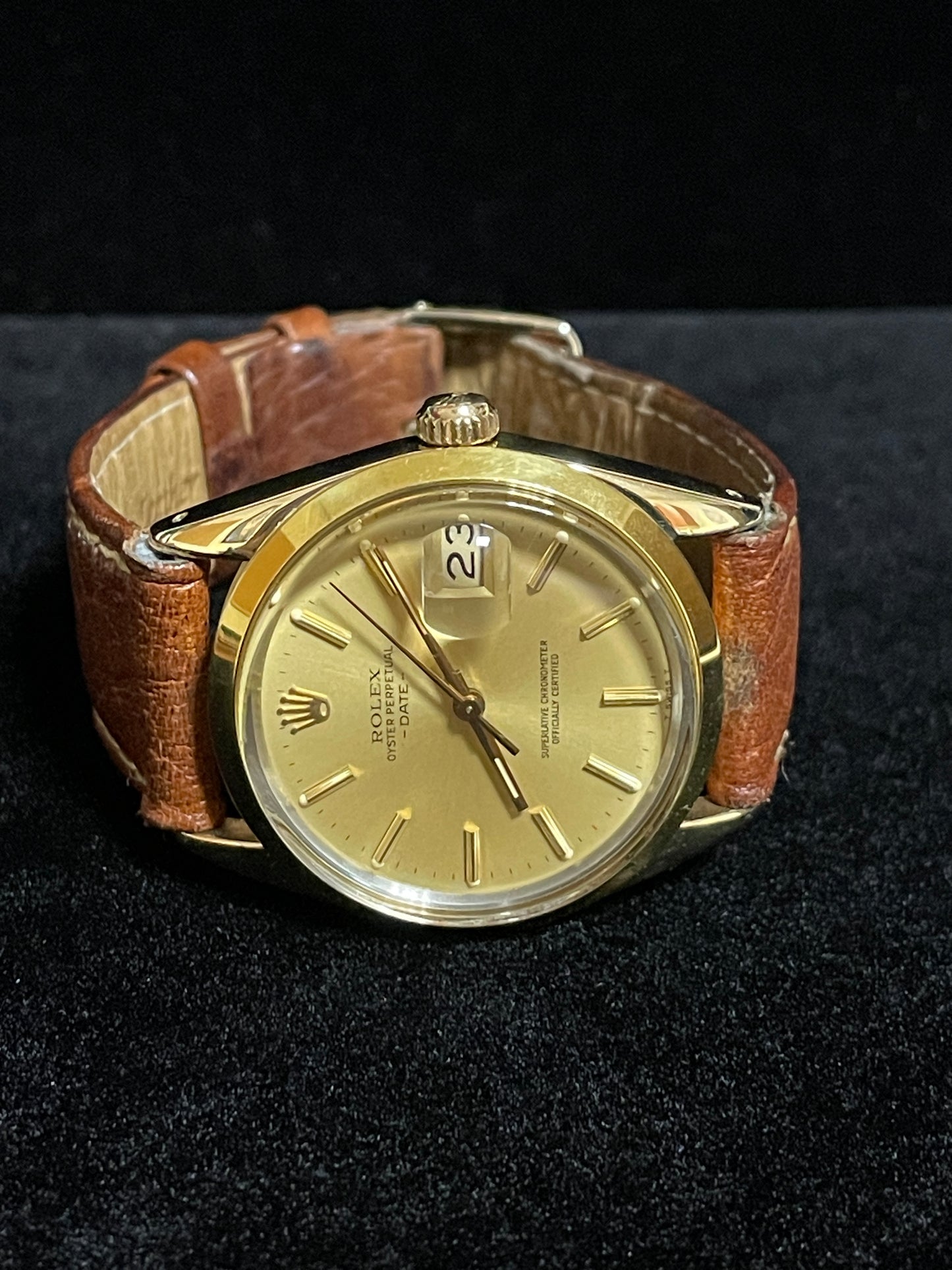 1984 Rolex Date 15505 Champagne Stick Gold Shell Brown Leather Strap 34mm