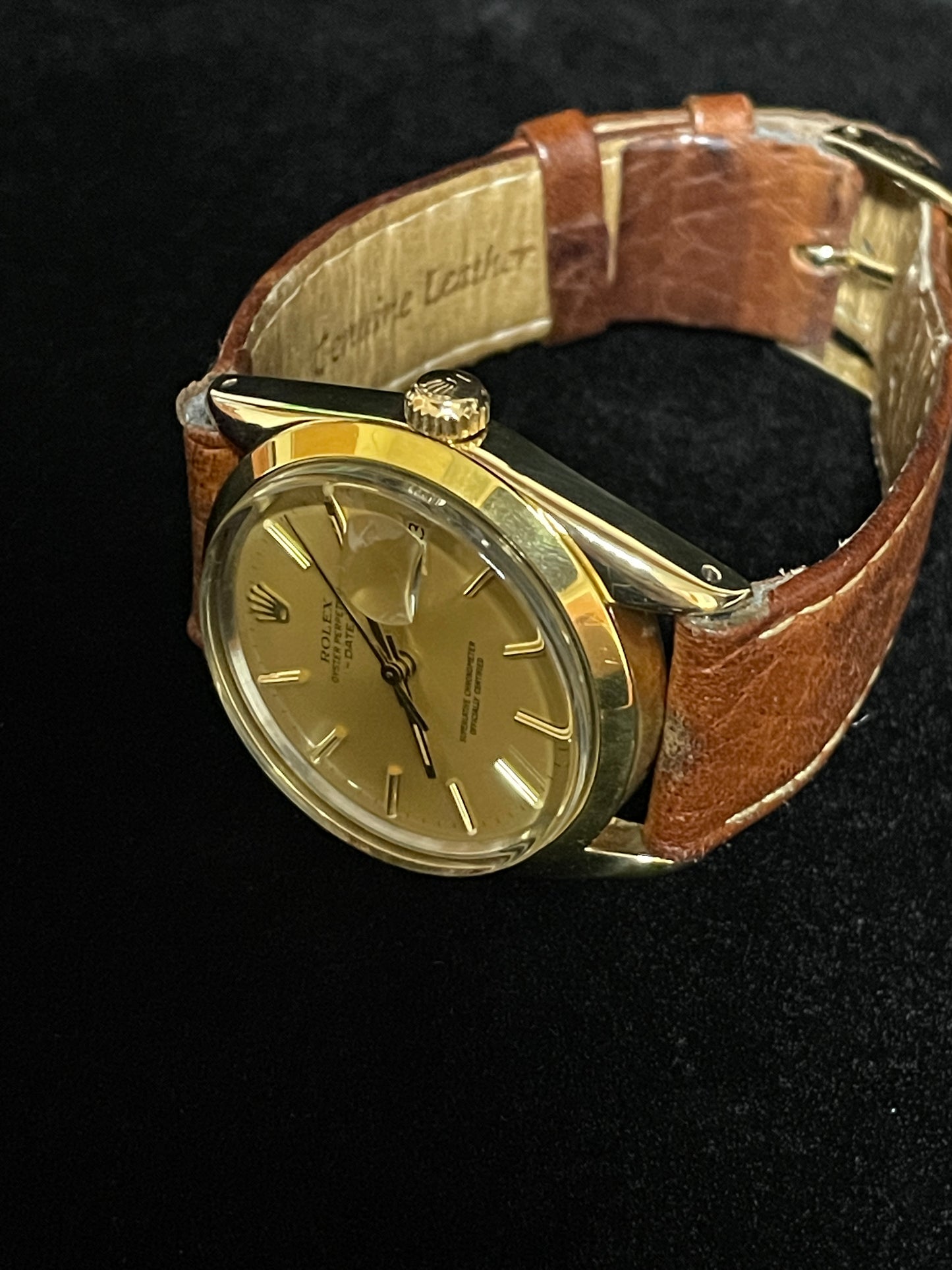 1984 Rolex Date 15505 Champagne Stick Gold Shell Brown Leather Strap 34mm